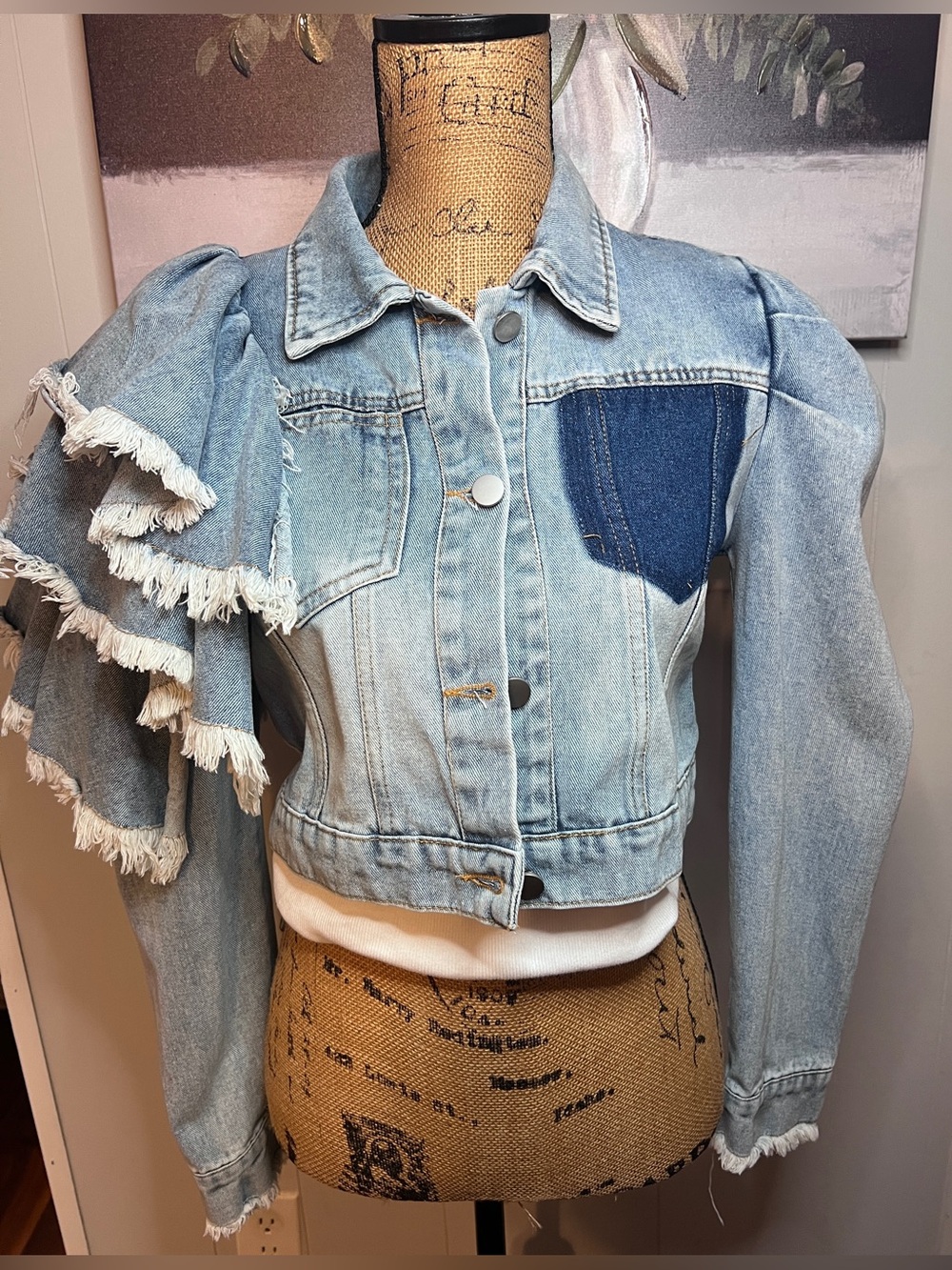 Denim Cropped Ruffled & Puff Sleeve Jacket